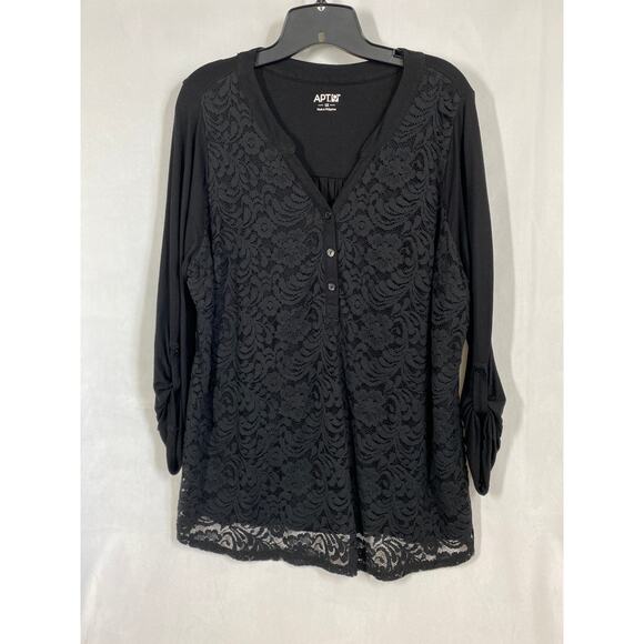 Apt. 9 Black Lace Overlay Relaxed Fit 3/4 Sleeve V Neck Tunic Blouse 1X - Picture 7 of 9